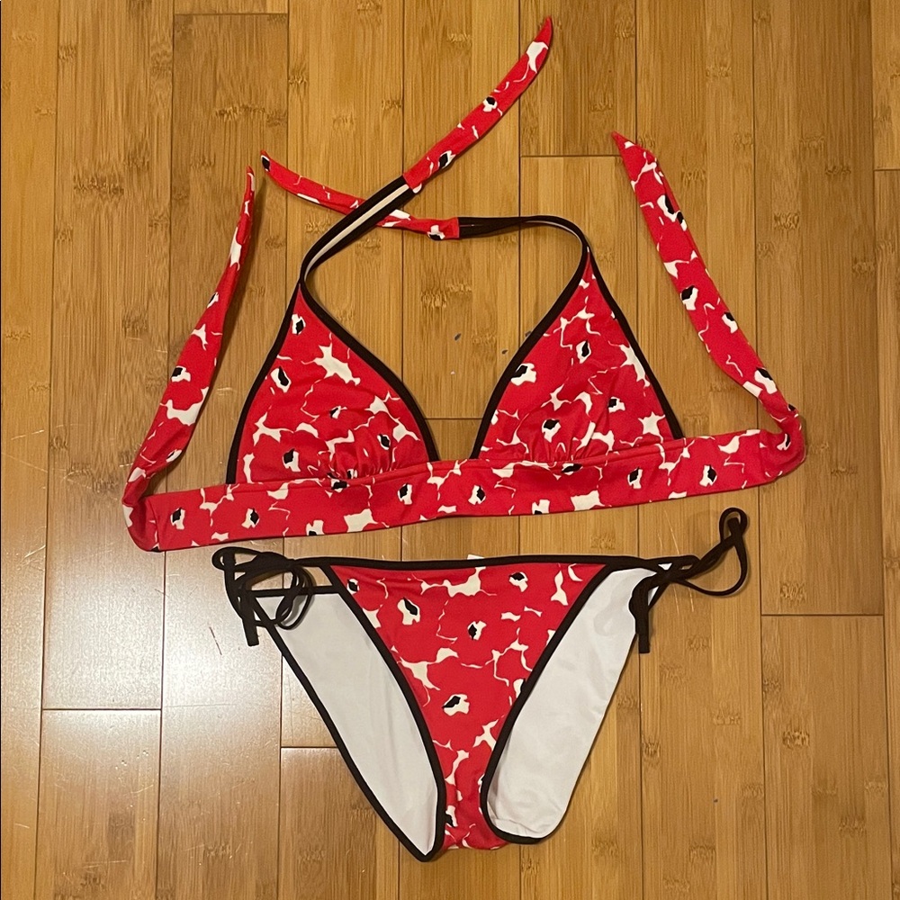 Victoria's Secret Red Floral Bikini Bathing Suit with Black Trim size medium
